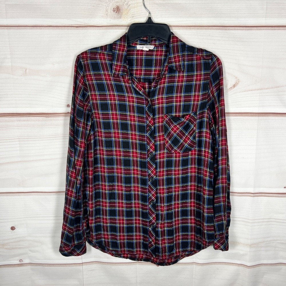 Beach Lunch Lounge Top Womens Small Red Plaid Shirt Button Up Long Sleeve Pocket